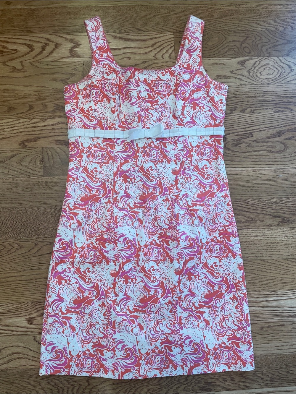 Sleeveless Coral and White Print Midi Dress